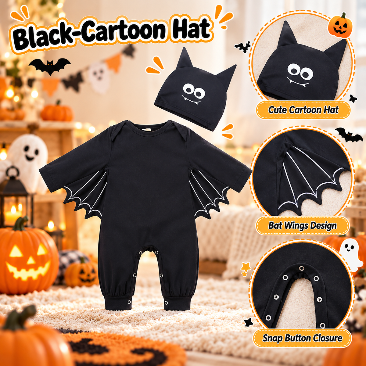 Baby Bat Halloween Romper Costume with Hat Cotton Blend Infant Jumpsuit