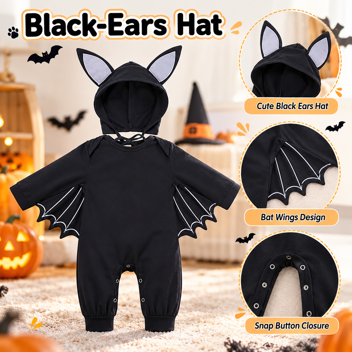 Baby Bat Halloween Romper Costume with Hat Cotton Blend Infant Jumpsuit