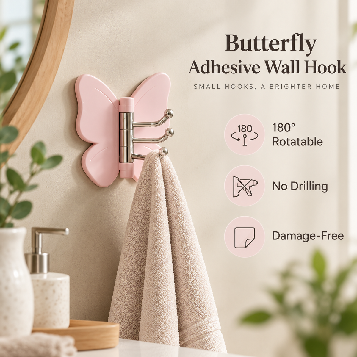 Butterfly 3-Hook Rotating Adhesive Wall Hanger