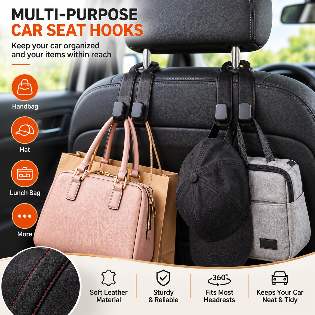 Premium Car Headrest Storage Hook, Soft Suede Dual Hanging Alloy Hanger