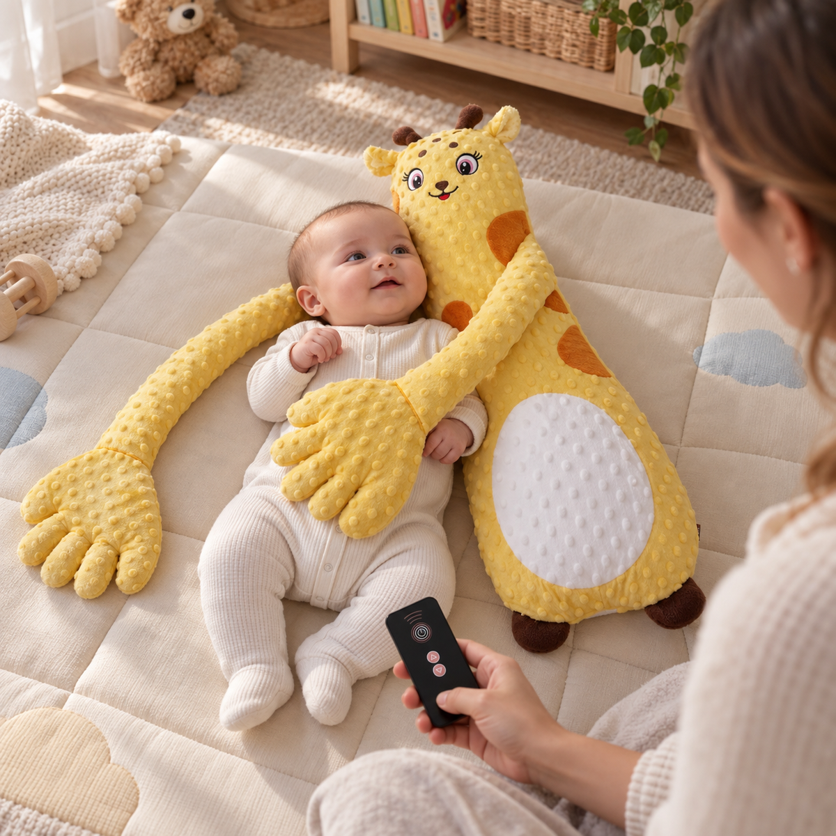 SnuggleTap Baby Soothing Patting Pillow – Remote-Controlled Plush Cuddle Buddy