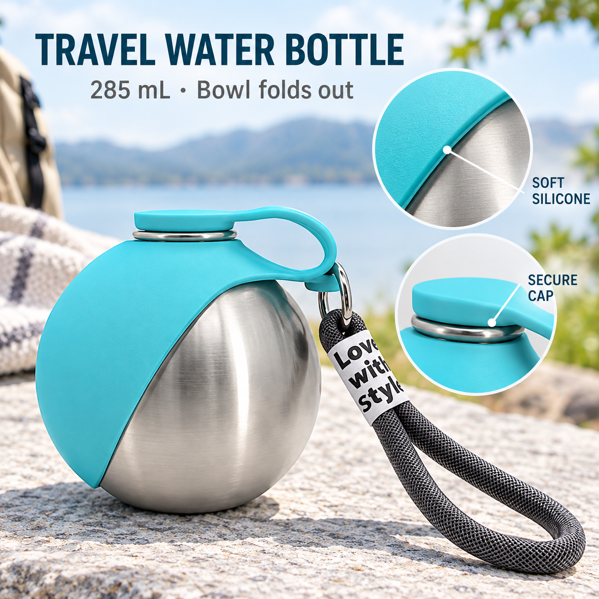 Portable Stainless Steel Pet Water Bottle with Fold-Out Bowl, 285 mL