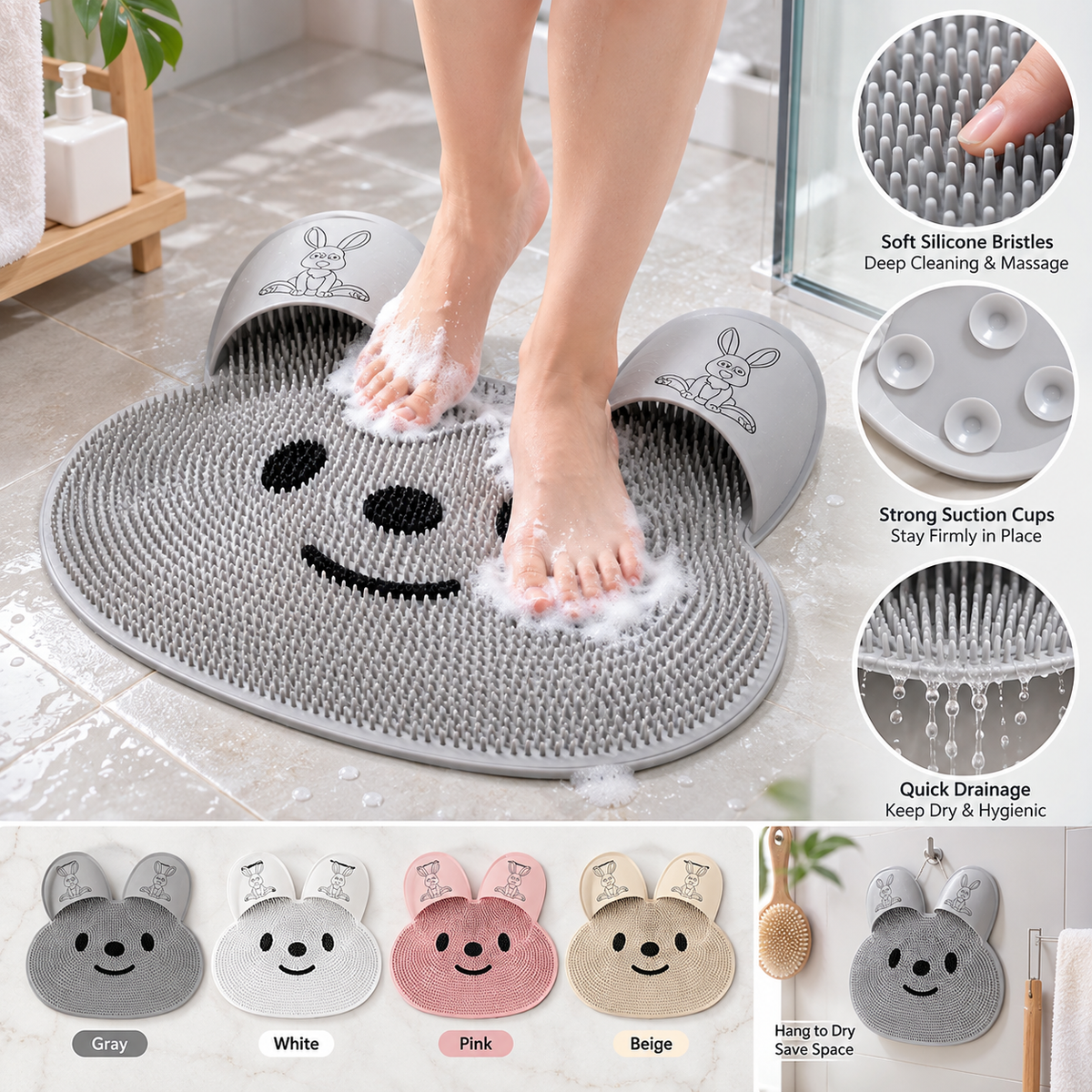2-in-1 Anti-Slip Foot Scrubber & Massage Bath Mat – Exfoliating Shower Mat with Back Scrub Function