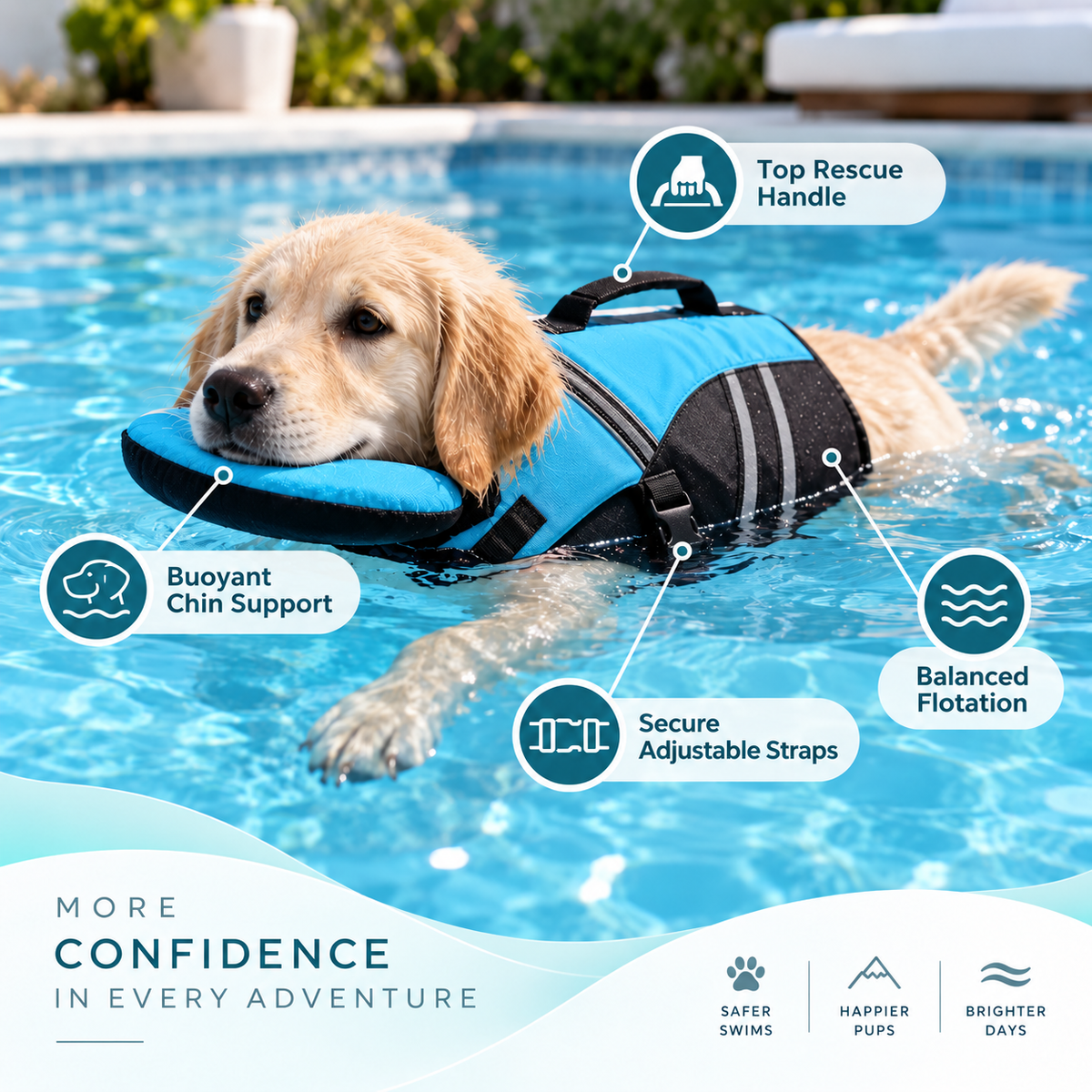 Dog Life Jacket with Neck Support, Adjustable No-Chafe Swimming Vest