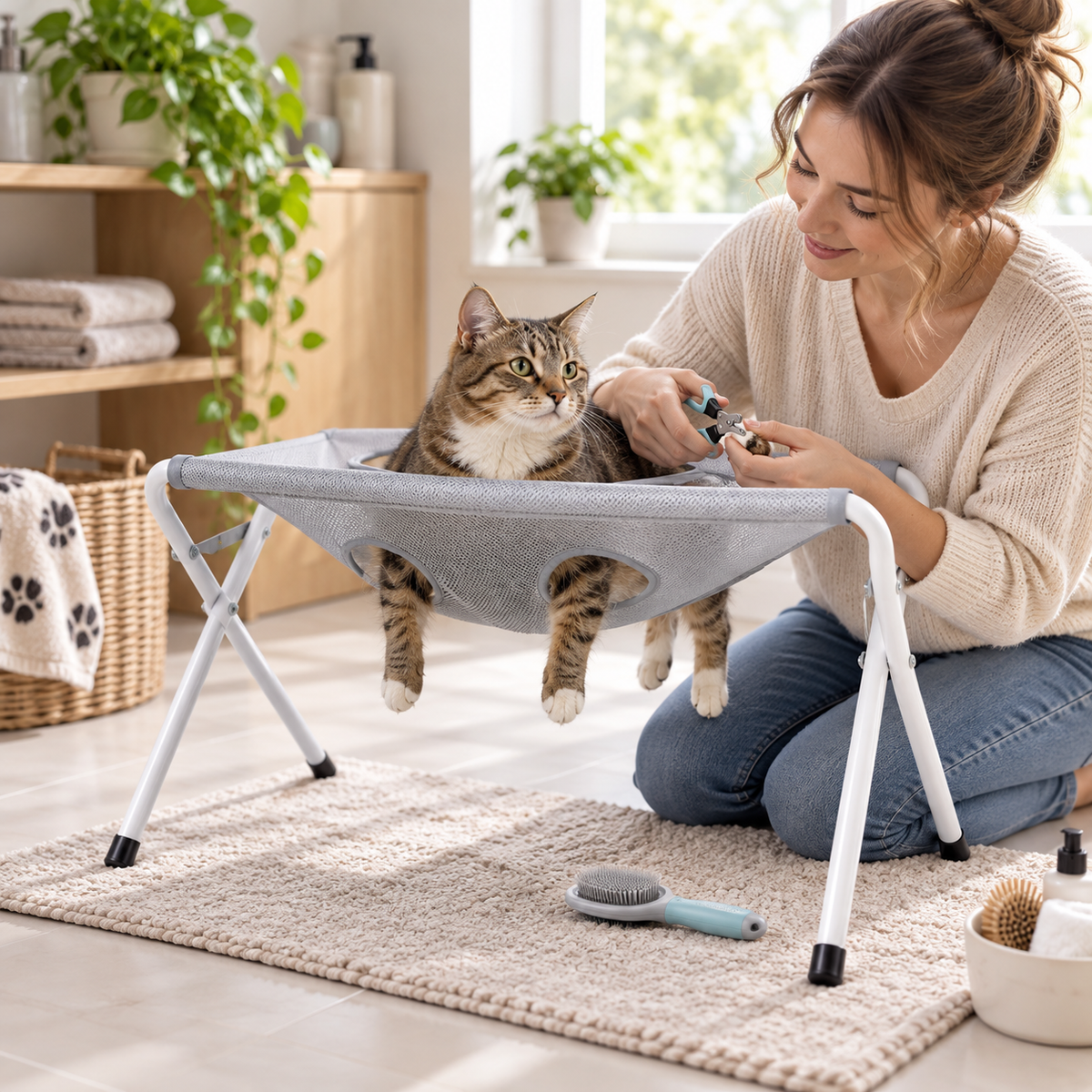 Foldable Pet Bathing Stand, Portable Dog Grooming Rack with Hammock