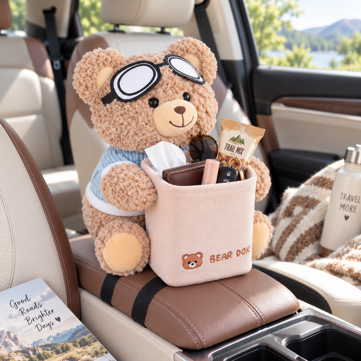 Cute Bear 2-in-1 Car Tissue Holder & Mini Storage Bin – Armrest Organizer