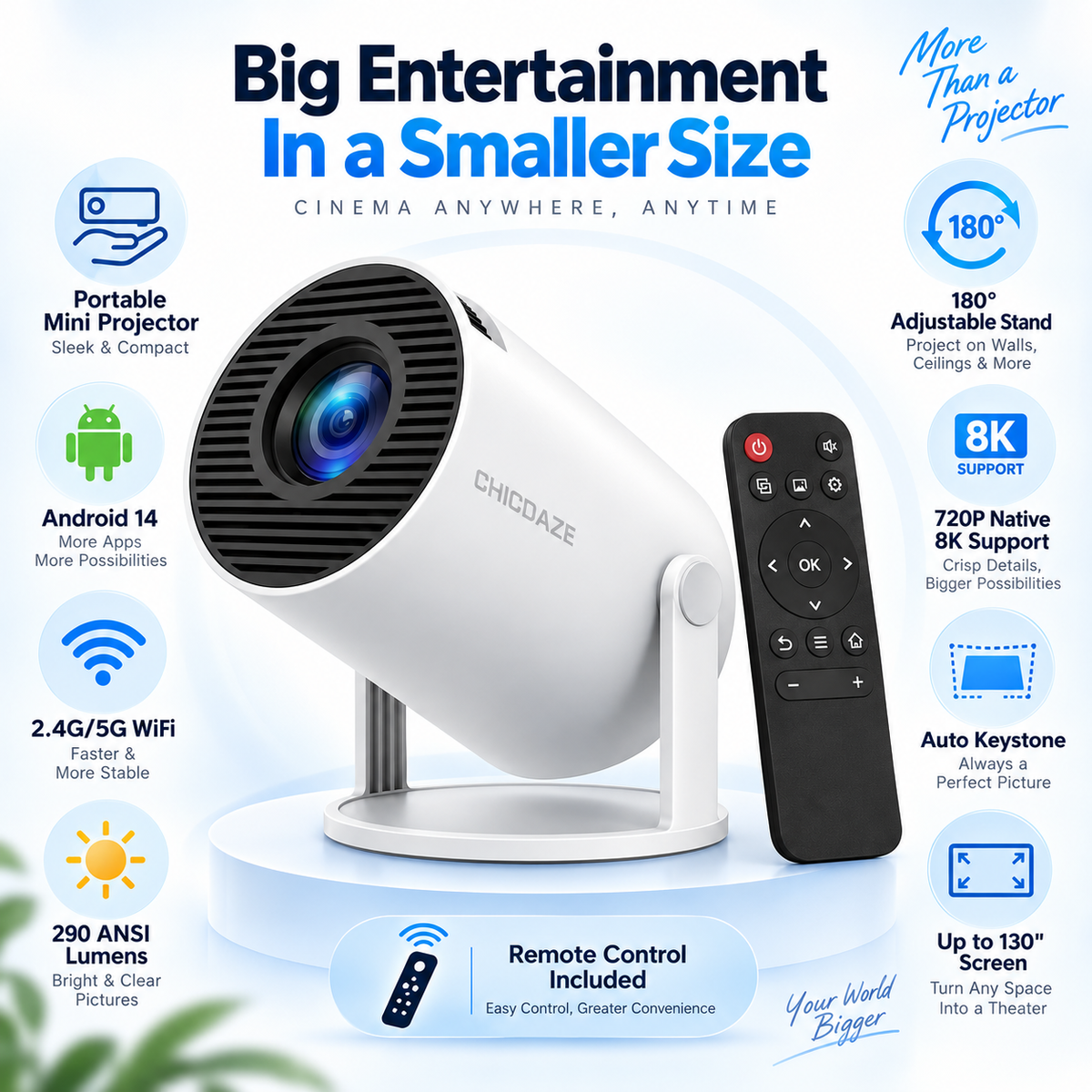 HY300 Pro Portable Smart Projector - Native 720P, Android 14, WiFi 6 & Bluetooth 5.4