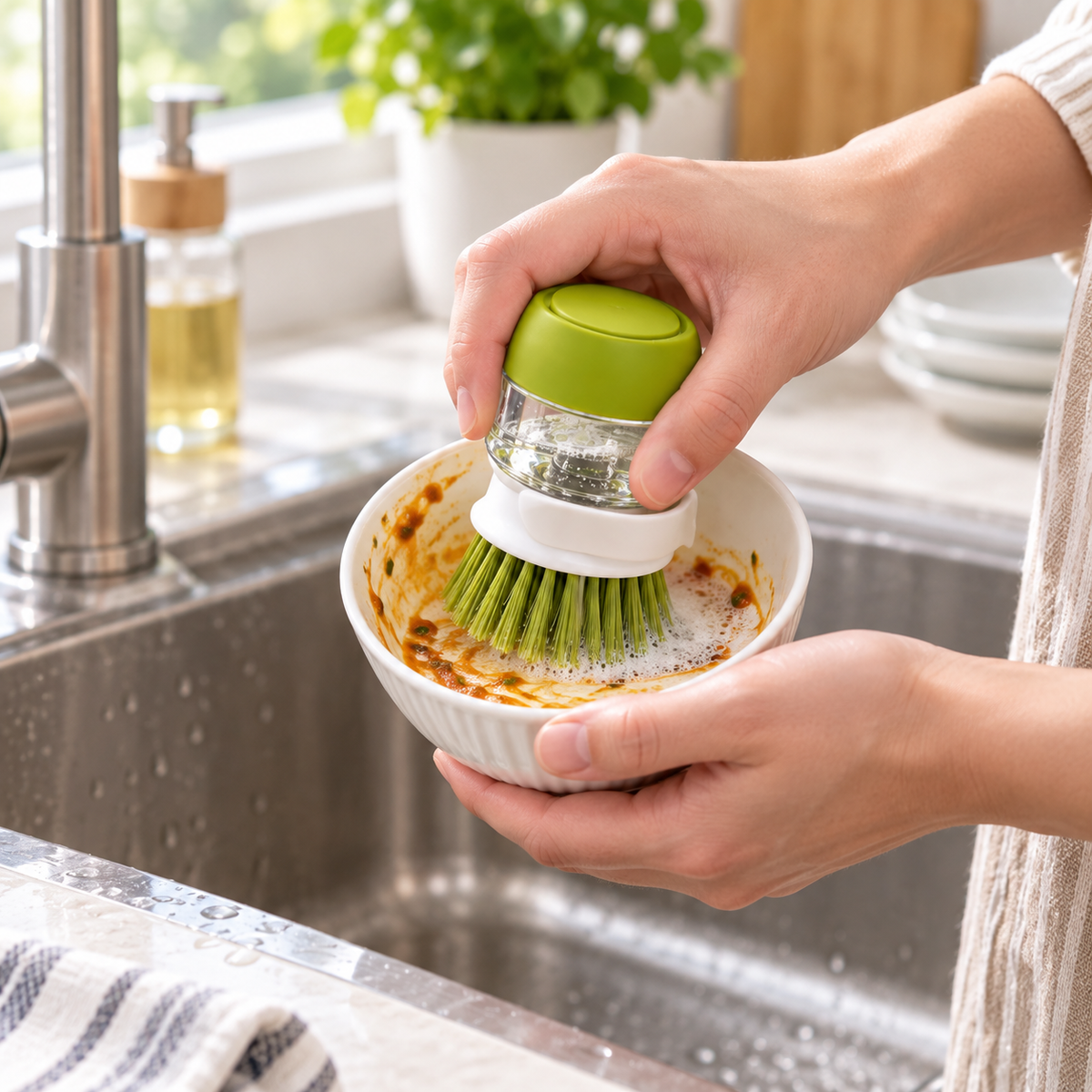 PressClean Soap Dispensing Dish Brush with Drip Tray