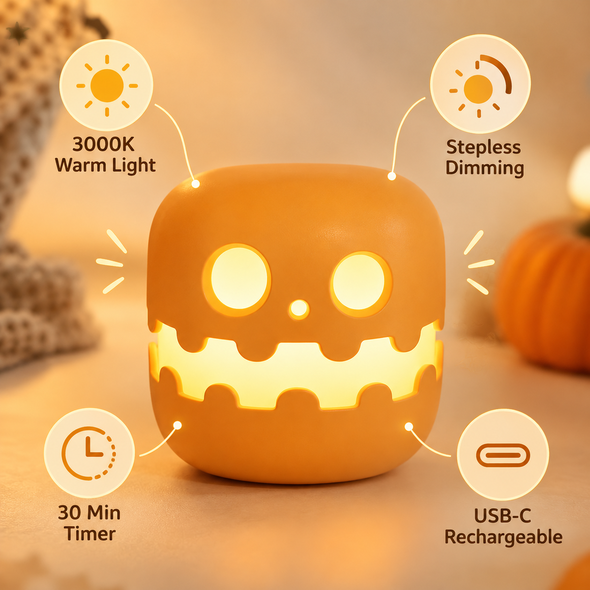 GlowGrin Rechargeable Halloween Pumpkin Night Light