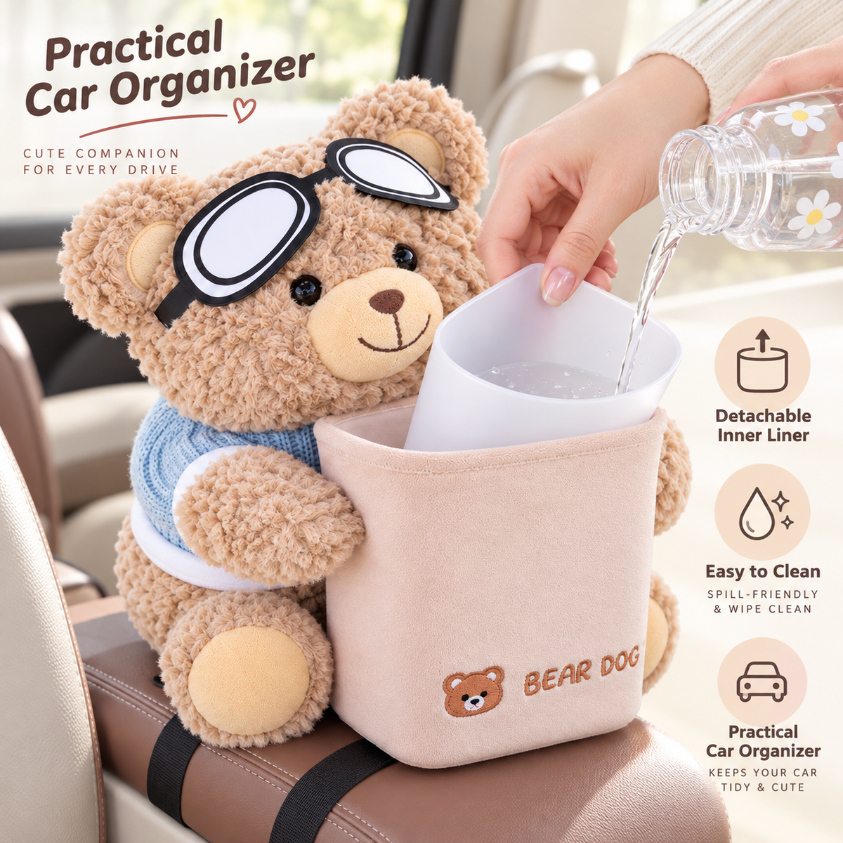 Cute Bear 2-in-1 Car Tissue Holder & Mini Storage Bin – Armrest Organizer
