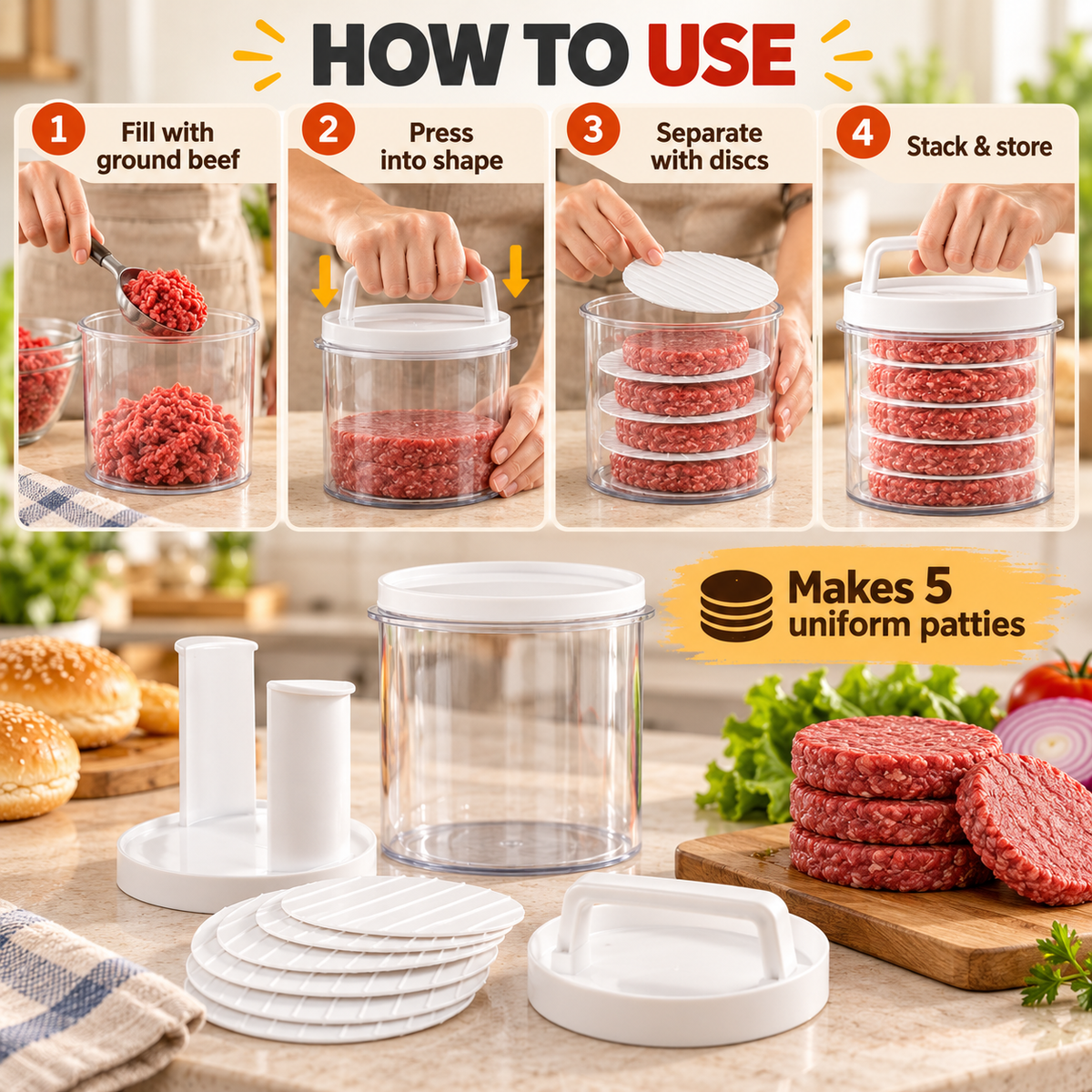 Stackable Burger Patty Maker & Freezer Press