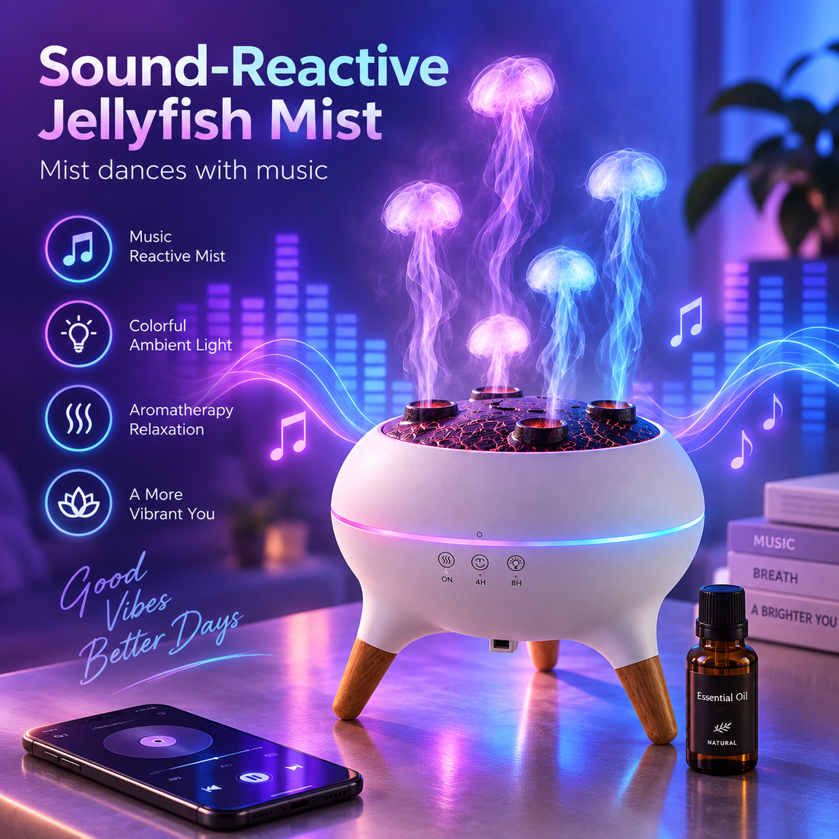 JellyGlow Dynamic Jellyfish Aroma Diffuser – 250mL Sound-Reactive Essential Oil Humidifier with 7-Color Ambient Light & Remote Control