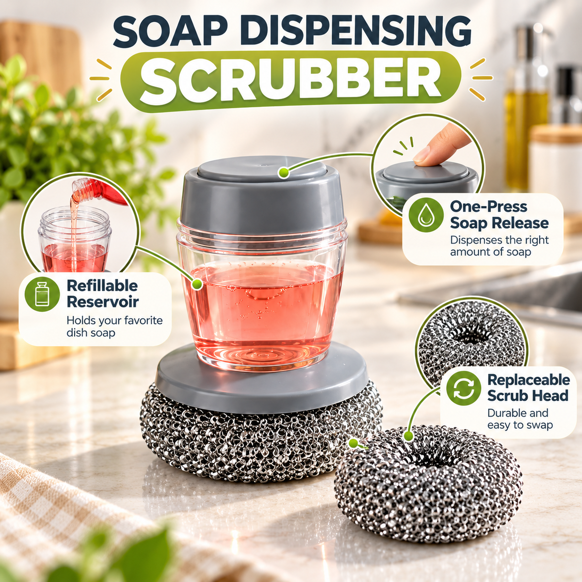 Soap Dispensing Stainless Steel Dish Brush