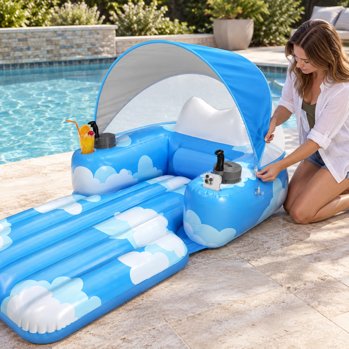 CloudCruise Rechargeable Dual-Motor Inflatable Pool Lounger with Canopy