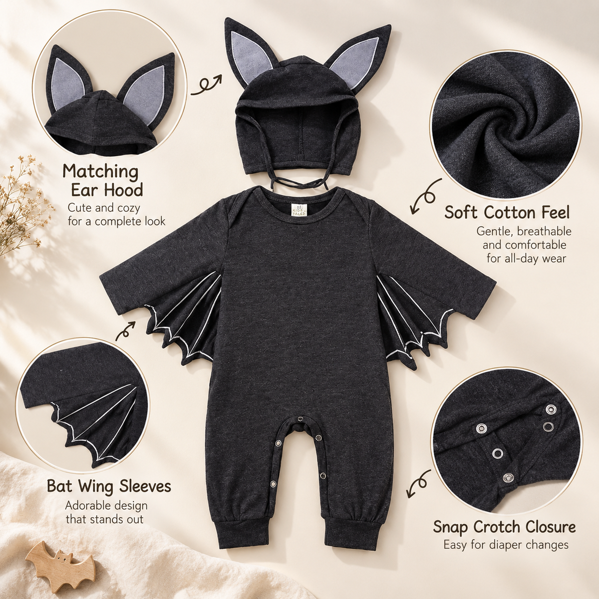 Baby Bat Halloween Romper Costume with Hat Cotton Blend Infant Jumpsuit