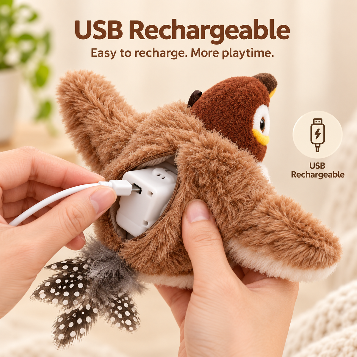Rechargeable Simulated Bird Cat Toy, Touch-Activated Chirping and Flapping Plush Toy