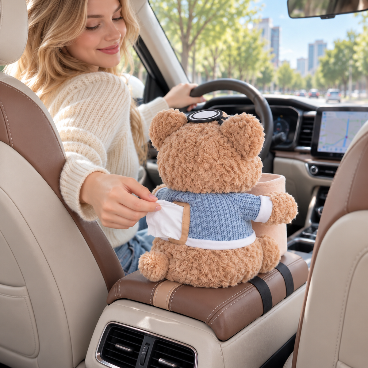 Cute Bear 2-in-1 Car Tissue Holder & Mini Storage Bin – Armrest Organizer