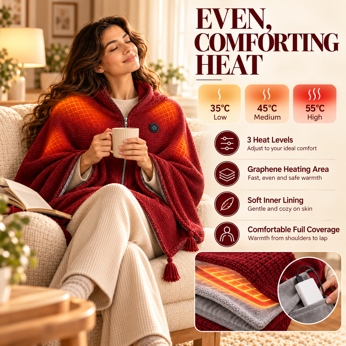 USB Heated Wearable Shawl Blanket