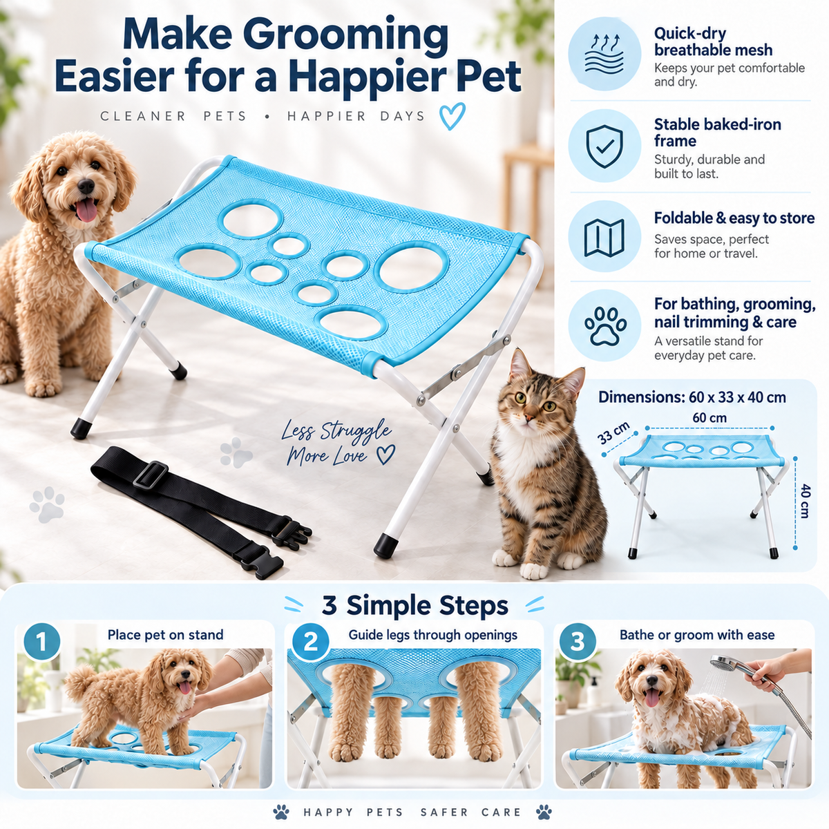 Foldable Pet Bathing Stand, Portable Dog Grooming Rack with Hammock