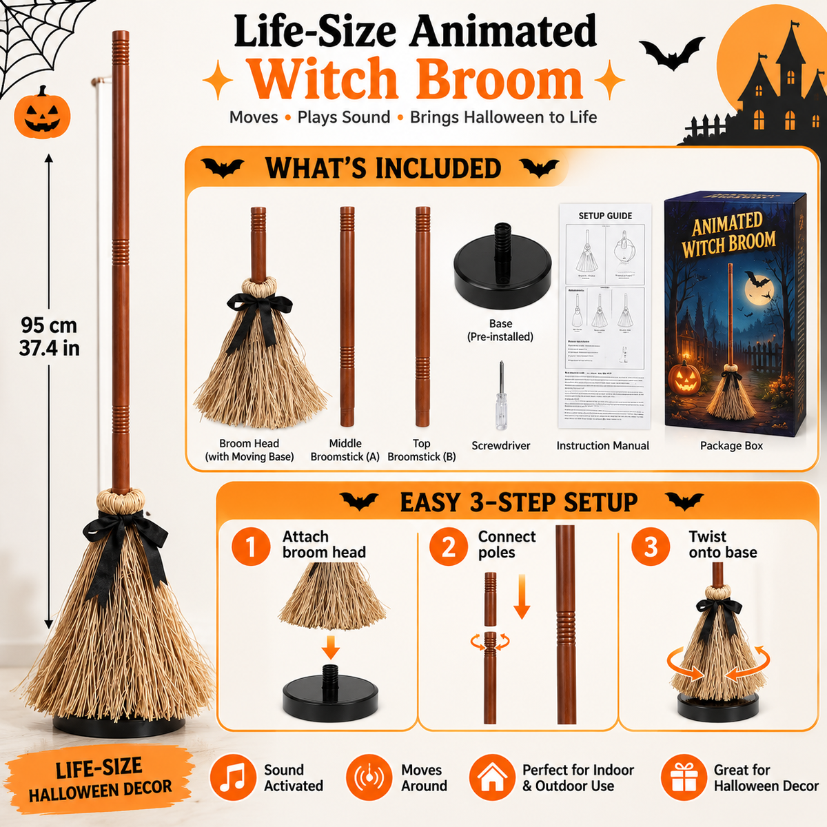 Sound-Activated Moving Witch Broom – Halloween Dancing Broom with Spooky Sounds