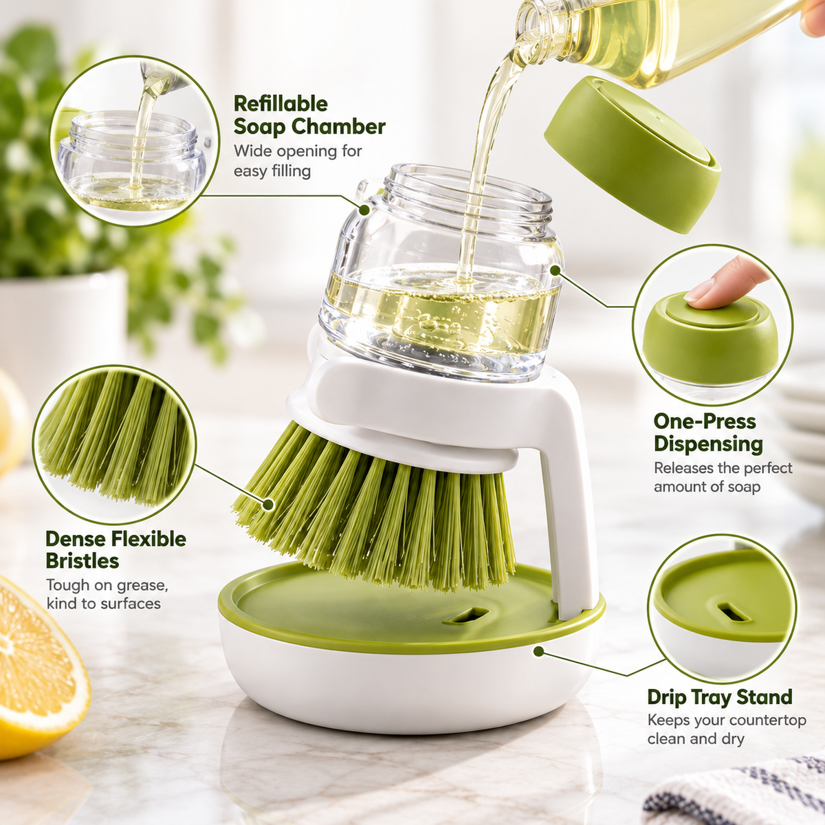 PressClean Soap Dispensing Dish Brush with Drip Tray