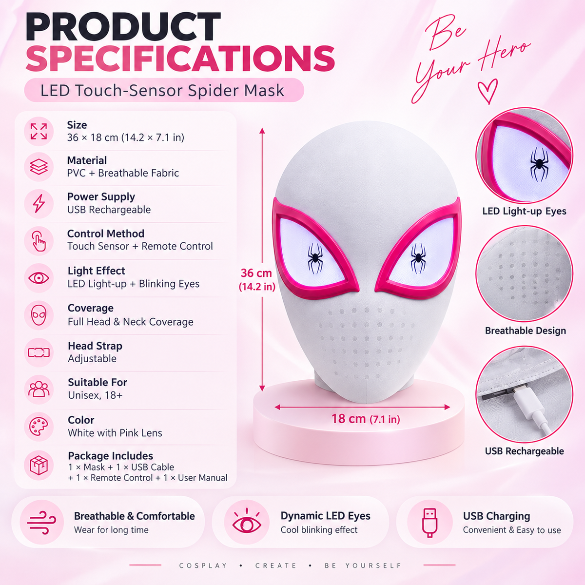 1:1 Full Head LED Spider Hero Mask – Touch Control Blinking Eyes Cosplay Helmet with USB-C Rechargeable Light-Up Eyes
