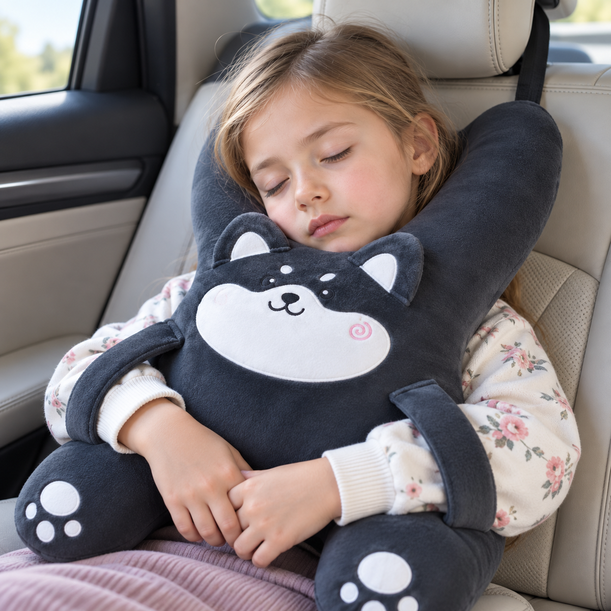 Kids Car Seat Neck Support Pillow, Cute Cartoon Headrest and Lumbar Cushion