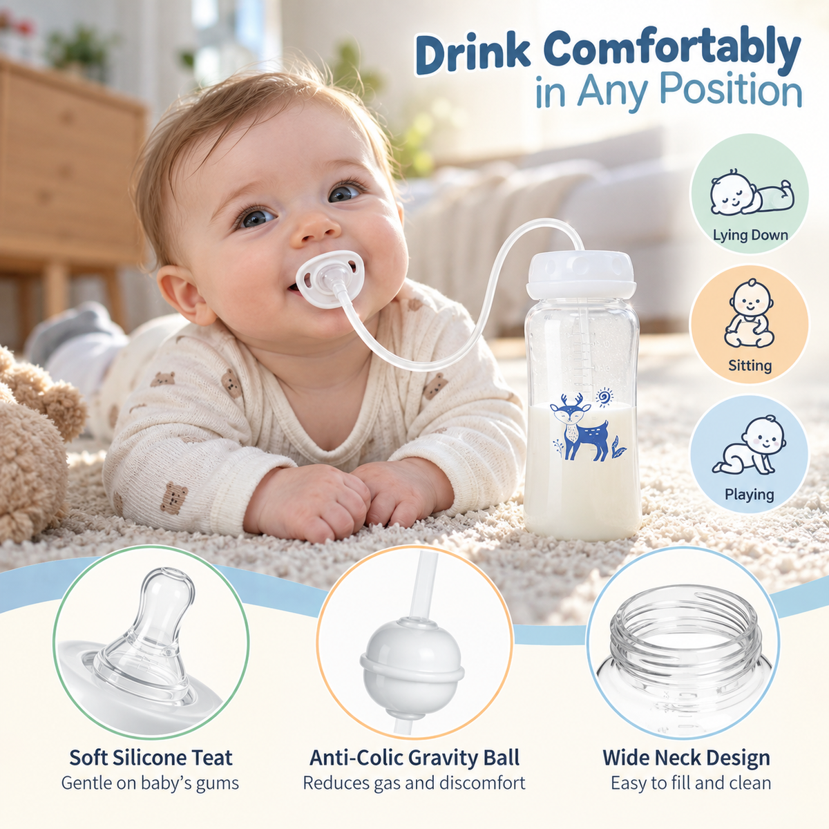 BornBL 3-in-1 Hands-Free Baby Feeding Bottle 300ml