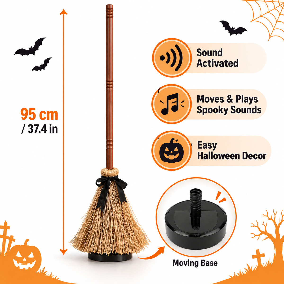 Sound-Activated Moving Witch Broom – Halloween Dancing Broom with Spooky Sounds