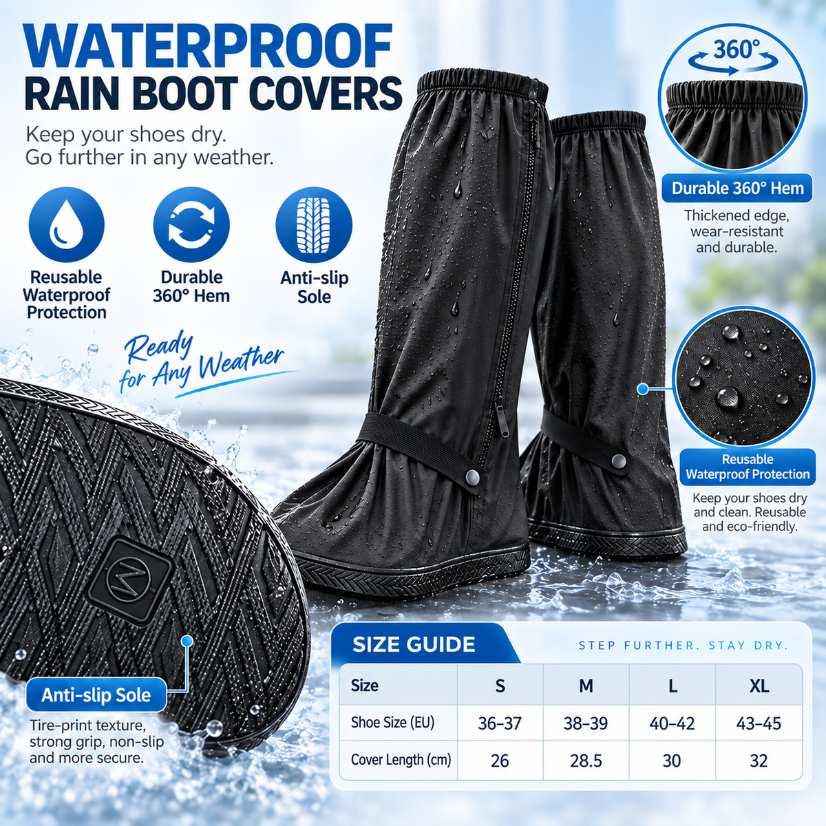 Waterproof High-Top Rain Shoe Covers with Reflective Detail