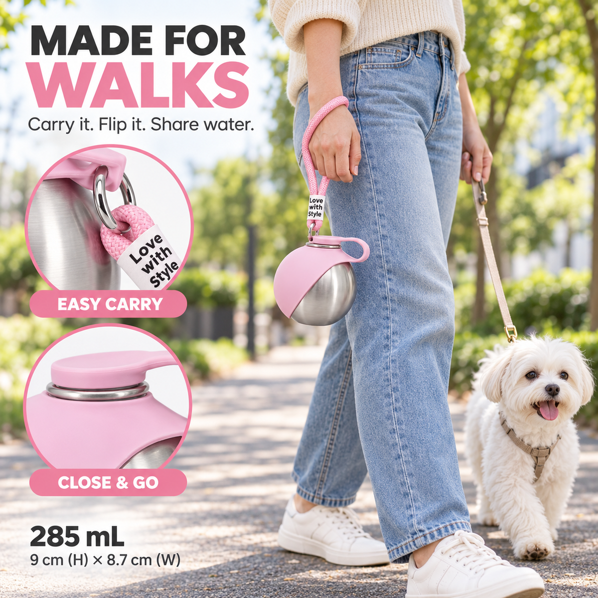 Portable Stainless Steel Pet Water Bottle with Fold-Out Bowl, 285 mL