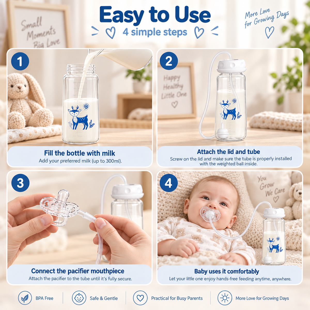 BornBL 3-in-1 Hands-Free Baby Feeding Bottle 300ml