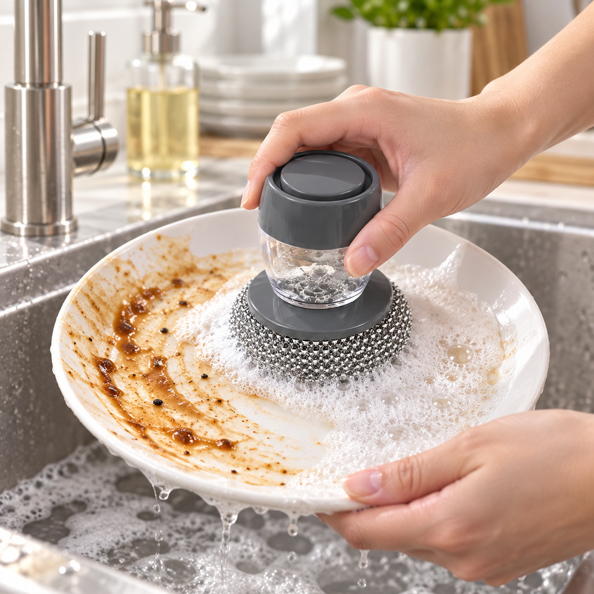 Soap Dispensing Stainless Steel Dish Brush