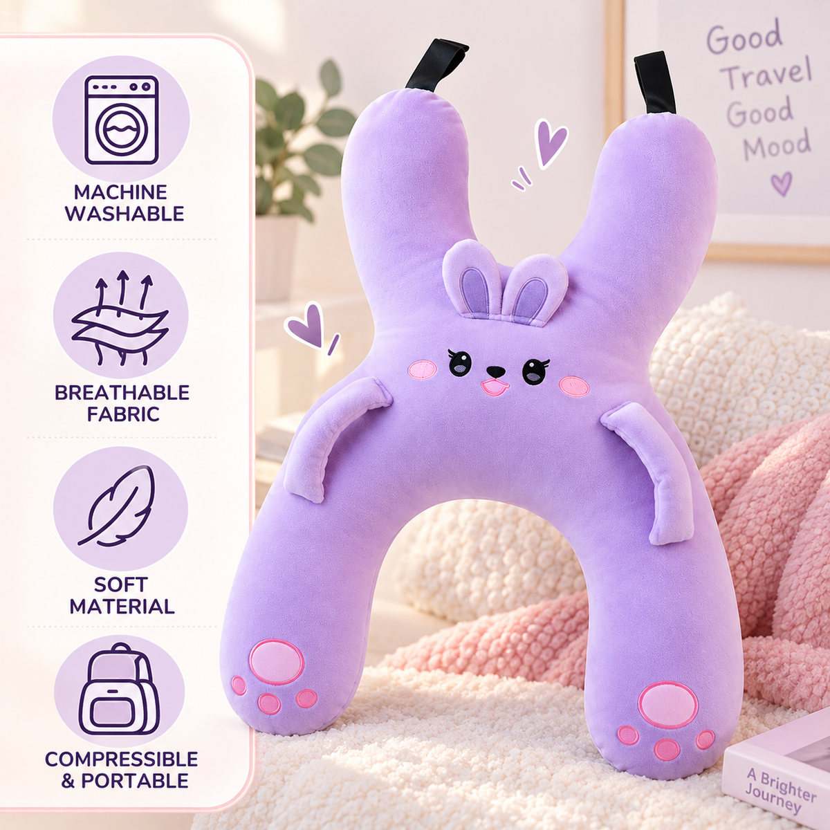Kids Car Seat Neck Support Pillow, Cute Cartoon Headrest and Lumbar Cushion