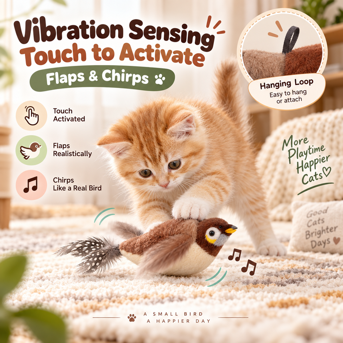 Rechargeable Simulated Bird Cat Toy, Touch-Activated Chirping and Flapping Plush Toy