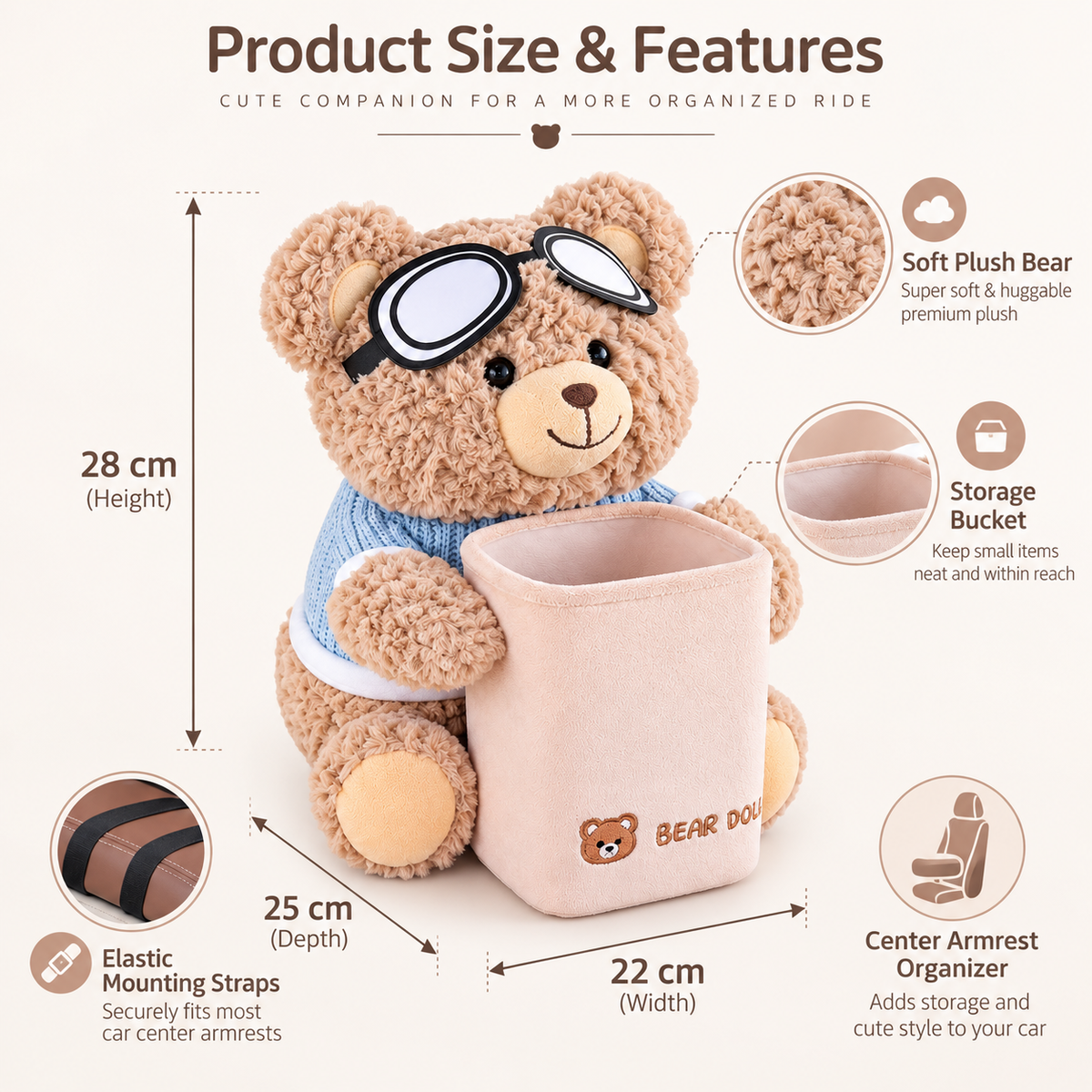 Cute Bear 2-in-1 Car Tissue Holder & Mini Storage Bin – Armrest Organizer