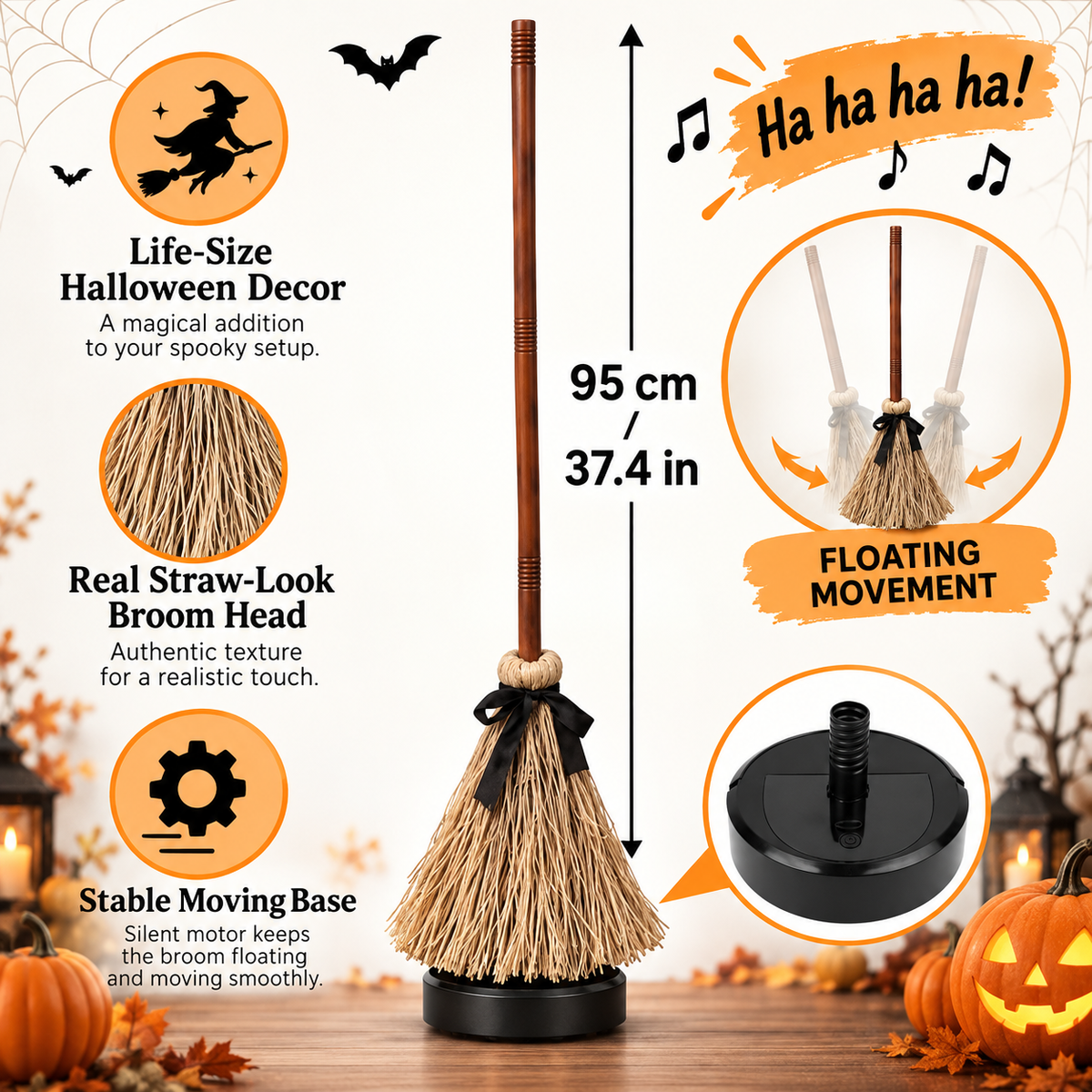 Sound-Activated Moving Witch Broom – Halloween Dancing Broom with Spooky Sounds