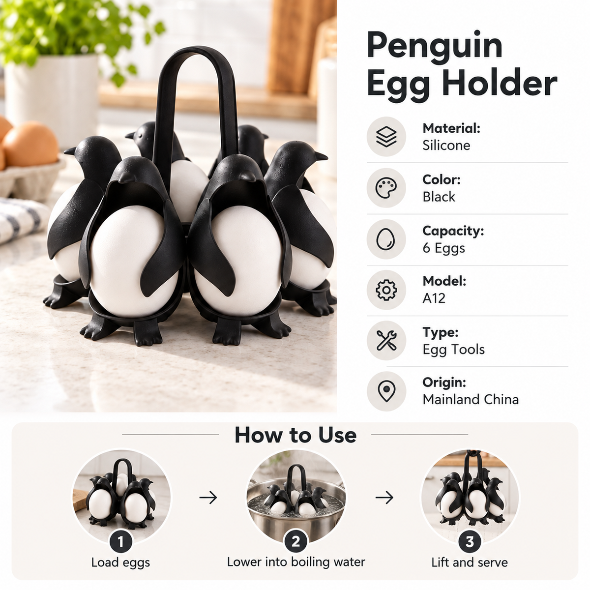 Penguin Egg Boiler Rack – 6-Egg Silicone Cooking & Steaming Holder
