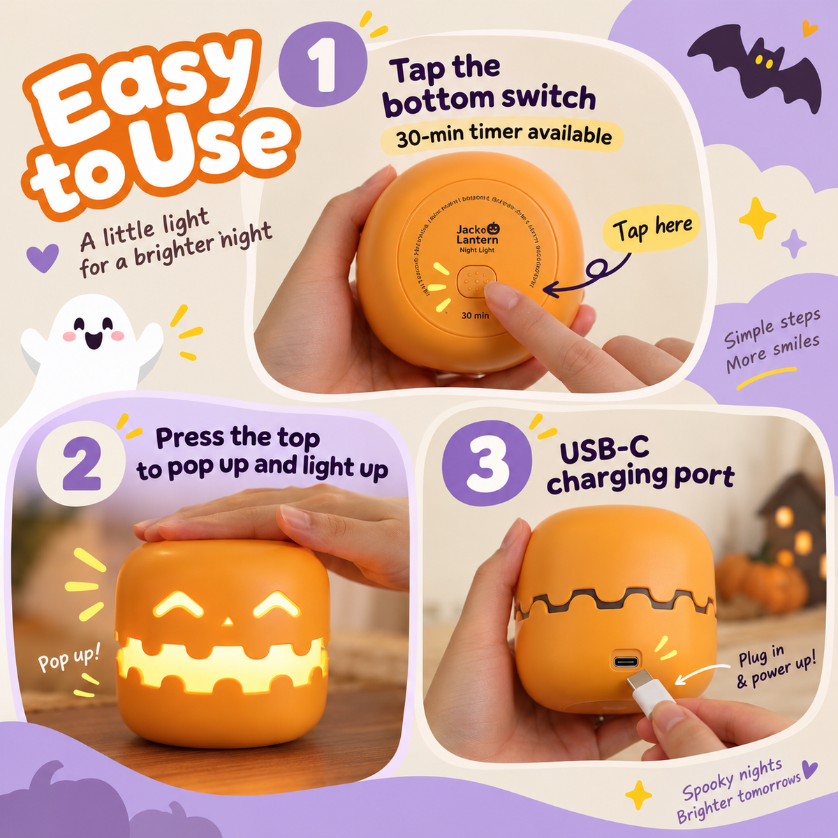 GlowGrin Rechargeable Halloween Pumpkin Night Light