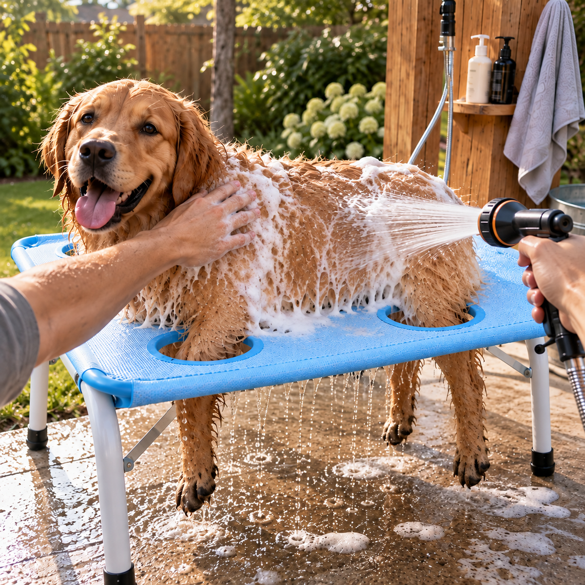 Foldable Pet Bathing Stand, Portable Dog Grooming Rack with Hammock