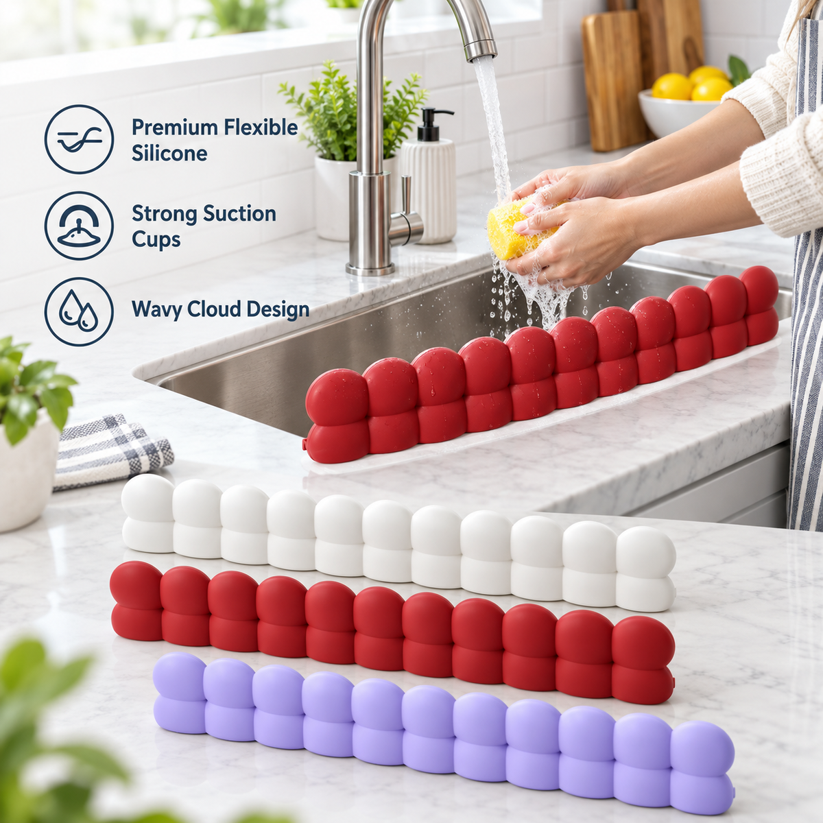 Silicone Sink Splash Guard with Suction Cups, Kitchen Water Blocking Barrier