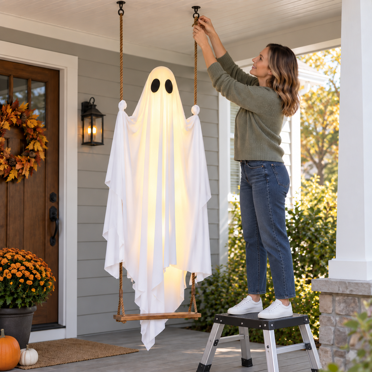 Large Halloween Hanging Ghost Decoration with LED Lights Swinging Ghost for Outdoor Yard Porch Décor