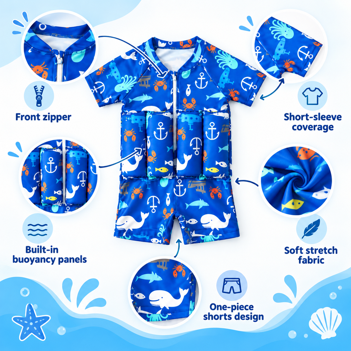 Kids Buoyancy Swimsuit, One-Piece Cartoon Swimwear for Boys and Girls