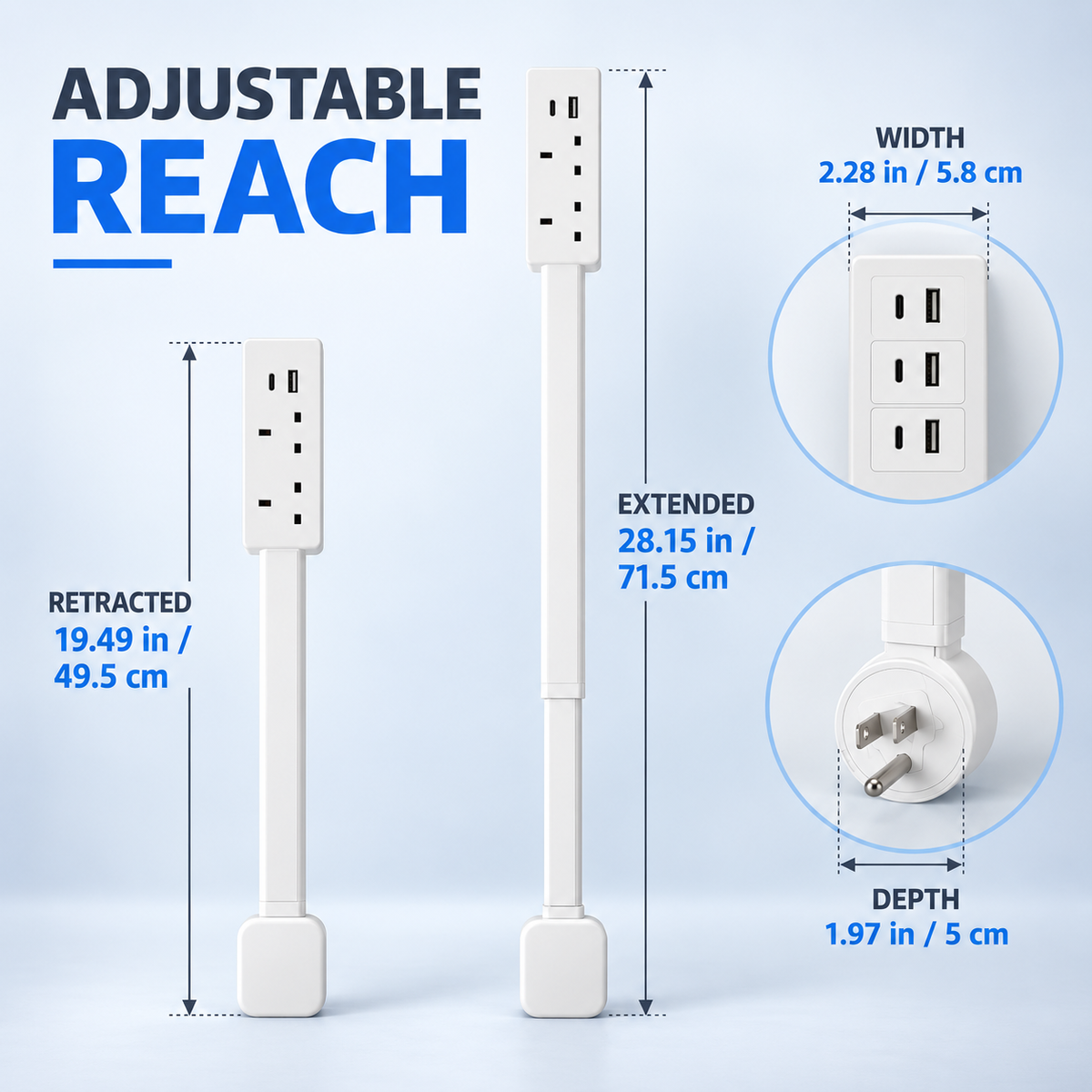 Extendable Power Outlet Extender with 2 AC Outlets USB A and USB C Ports