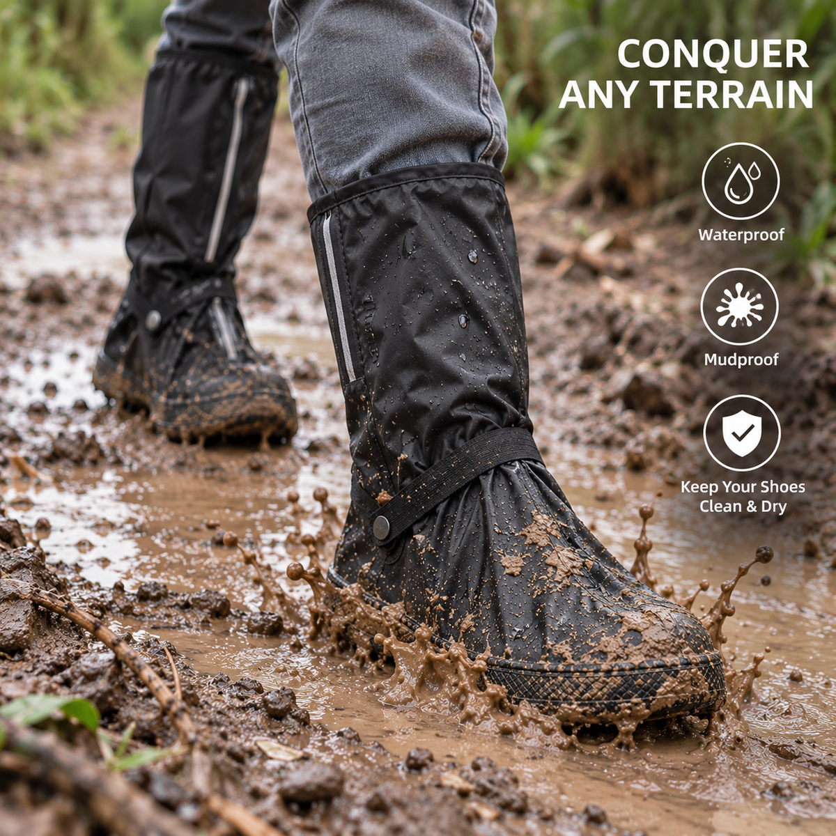Waterproof High-Top Rain Shoe Covers with Reflective Detail