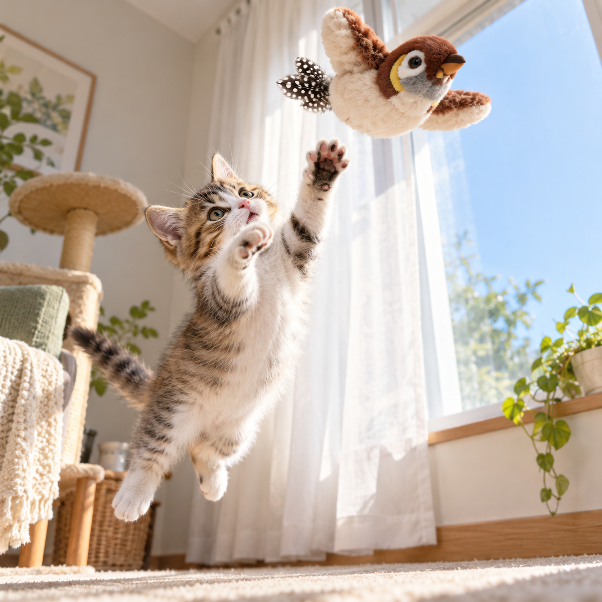 Rechargeable Simulated Bird Cat Toy, Touch-Activated Chirping and Flapping Plush Toy