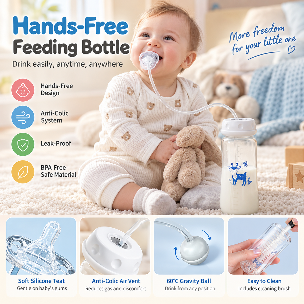 BornBL 3-in-1 Hands-Free Baby Feeding Bottle 300ml