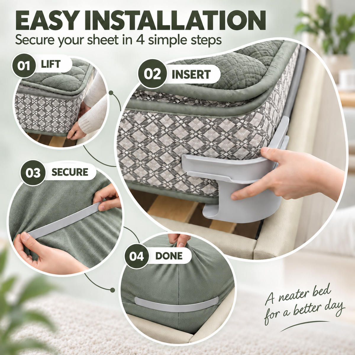 Heavy-Duty Bed Corner Sheet Grippers, Non-Slip Adjustable Mattress Straps
