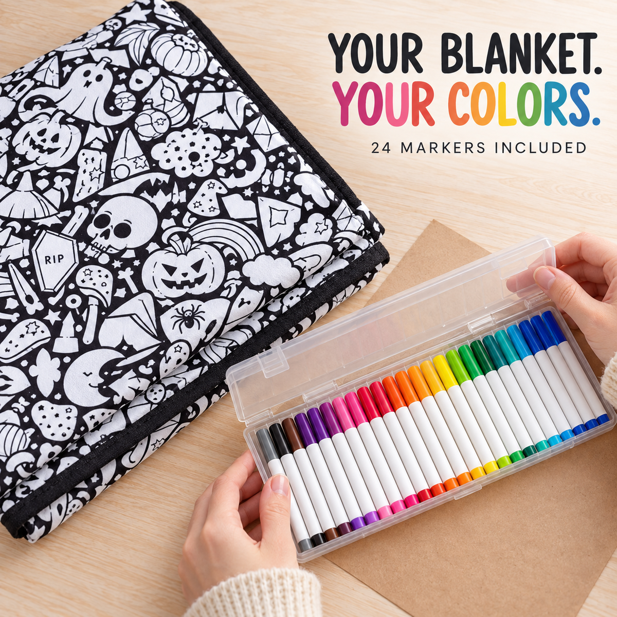 (KIT) DIY Halloween Coloring Blanket with 24 Markers, 150 × 125 cm