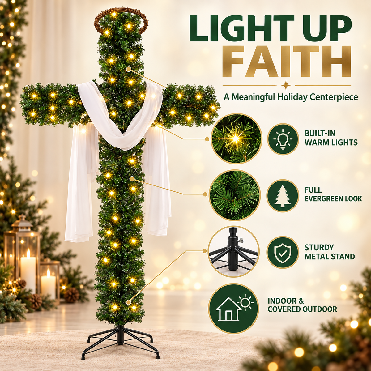 Pre Lit Cross Christmas Tree with Warm LED Lights Artificial PVC Christian Christmas Decoration